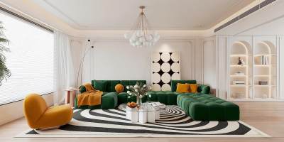 法式家居客厅 沙发茶几 沙发背景墙 吊灯 装饰柜